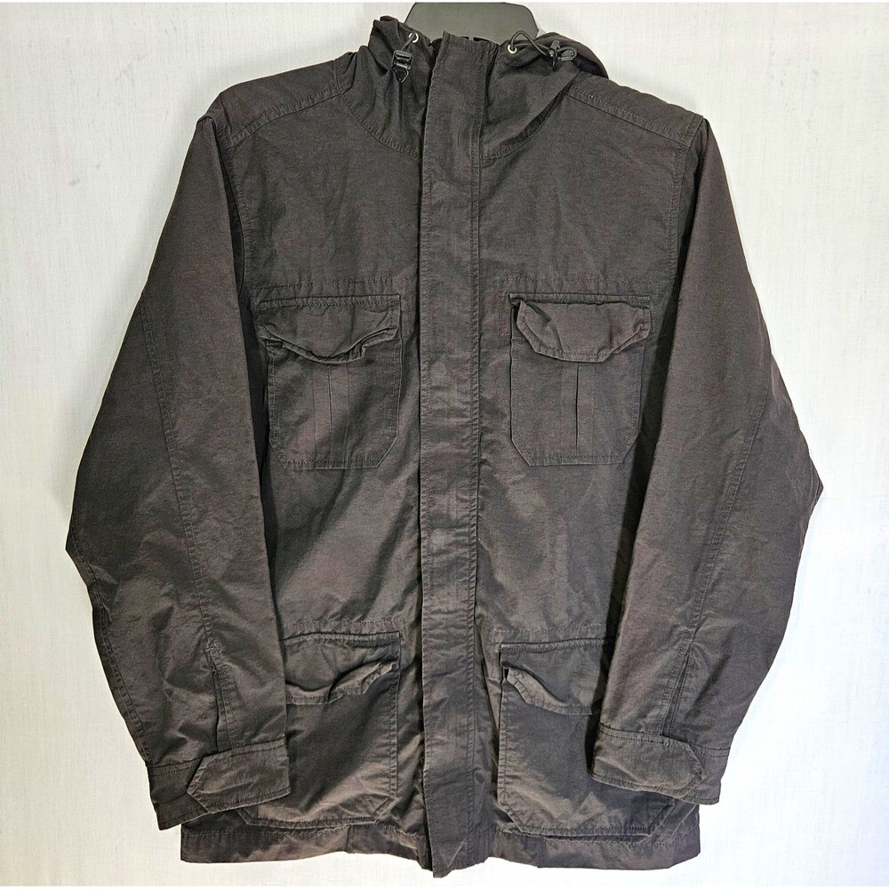 Tommy Hilfiger Jacket Mens M Black Hooded Utility Field Cargo Coat Full Zip Snap